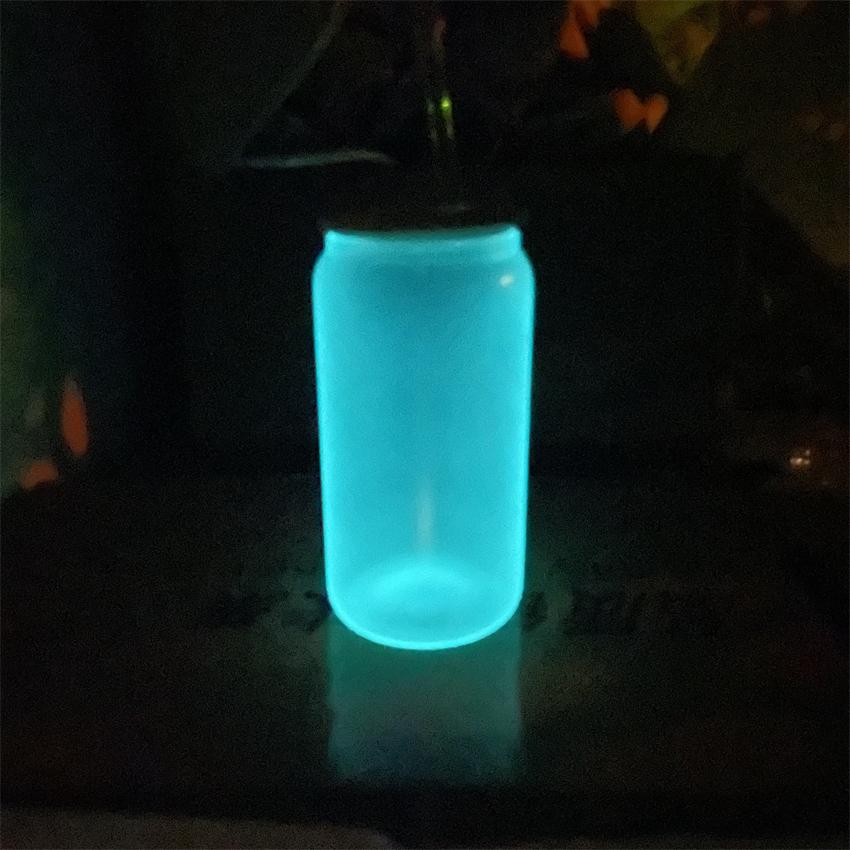 16oz Sublimation blank Glow In Dark iridescent Glitter glass Jar Cans Tumblers (Includes Bamboo Lid & Straw)