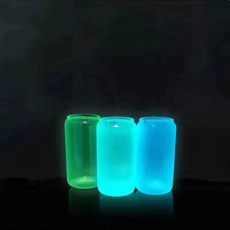 16oz Sublimation blank Glow In Dark iridescent Glitter glass Jar Cans Tumblers (Includes Bamboo Lid & Straw)